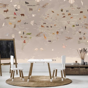 WELTKARTE mit Tiere Tapete Wandaufkleber Aufkleber Sticker Kindertapete Kinderzimmer Deko Babyzimmer Karte Welt Erde Map Landkarte TP114