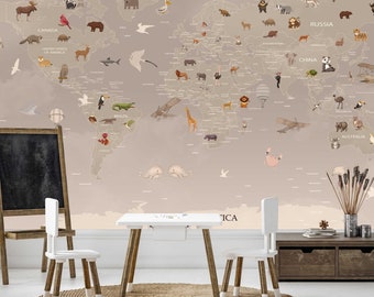 WORLD MAP with Animals Wallpaper Wall Sticker Stickers Nursery Mural Kids Room Decor Decoration Baby Earth Map TP114