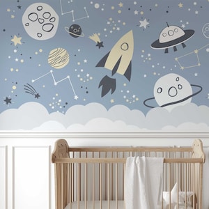 Carta da parati spaziale per la cameretta dei bambini Carta da parati fotografica adesivo da parete Carta da parati per bambini Razzo Pianeti Stelle TP202