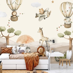 Safari Tapete für das Kinderzimmer Wandaufkleber Aufkleber Sticker Kindertapete Deko Babyzimmer Heißluftballon Flugzeug Auto TP135