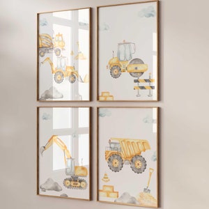 Juego de 4 pósteres Premium P757 / Obra Excavadora Camión Volquete Cargadora de ruedas Rodillo / Decoración de la habitación de los niños Imágenes de pared Imágenes Lienzo Impresión artística