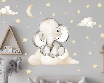 Elephant on the Cloud V337 Wall Decal Chambre d’enfants Autocollant mural avec étoiles Feuille murale Proboscis Elephant Baby Room