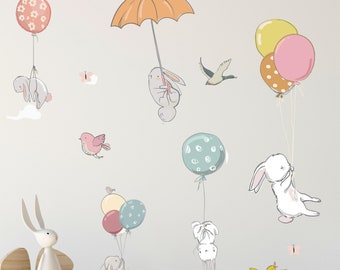 RABBIT flies away V288 Wall sticker set sticker kindergarten wall sticker children's room baby room clouds rabbits balloon