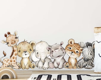 Safari Wall Decal Nursery Baby Giraffe Lion Elephant Hippo Leopard Zebra Kids Stickers Babyroom Animals Watercolour V351