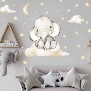 Elephant on the cloud V337 wall sticker children's room wall sticker sticker with stars wall foil proboscis animal elephant baby room