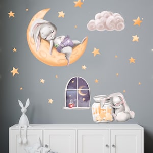 Good Night Rabbit V342 Wall Decal Children's Room Wall Sticker Sticker Sticker with Stars Teddy Bunny Crescent Baby Room Moon