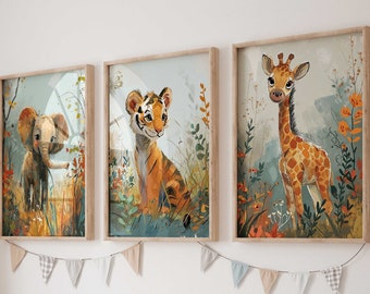 Wandbild 3er Poster Set P809 / Safari Abenteuer Giraffe Tiger Elefant / Kinderzimmer Deko Wandbilder Bilder