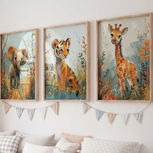 Lot de 3 tableaux muraux P809 / Safari Adventure Girafe Tigre Éléphant / Décoration de chambre d'enfant Images murales
