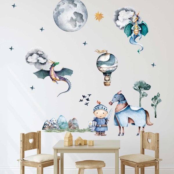 Dragon Knight and Princess Wall Decal Children's Room Decoration V384 Wall Sticker Sticker Sticker Dragon Family with Castle