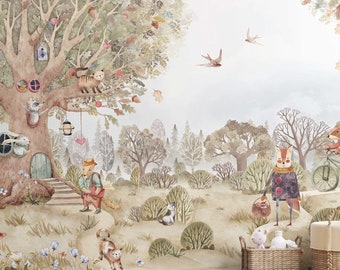 May include: A watercolor illustration of a whimsical forest scene with a large tree, animals, and a small house. The illustration is painted in shades of brown, green, and blue.