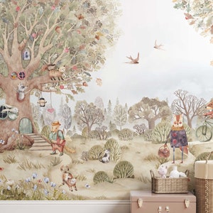 Carta da parati Avventura nella foresta per la cameretta dei bambini Carta da parati fotografica Adesivo da parete Carta da parati per bambini Avventura Animali della foresta cameretta TP176