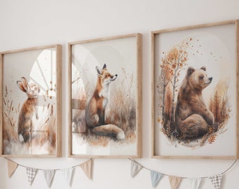 Wall picture set of 3 posters P821 / forest animals bear fox rabbit / children's room decoration wall pictures