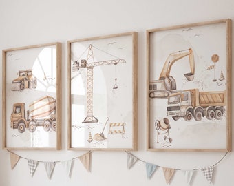 Wall picture set of 3 posters P807 / construction site truck crane excavator / children's room decoration wall pictures pictures