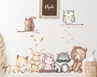 Animaux de la forêt Personnalisable avec le nom souhaité V366 Wall Decal Chambre d’enfants Woodland Sticker Sticker Baby Room Bear Fox Hedgehog Owl Owl