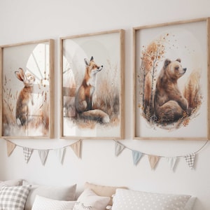 Cuadro de pared, juego de 3 carteles P821/animales del bosque, oso, zorro, conejo/decoración de la habitación de los niños, imágenes de pared
