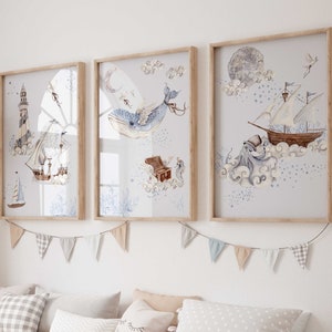 Conjunto de imagens de parede de 3 pôsteres P817 / Sea Adventure Whale Ships Sea / Decoração de quarto infantil Fotos de parede