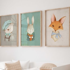 Poster set of 3 Premium P758 / Forest animals portrait | Rabbit Fox Bear / Children&#39;s room decoration wall pictures mural