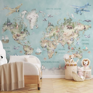 Aquarell Weltkarte Tapete Fototapete Kindertapete Kinderzimmer Deko Babyzimmer Map Erde TP165