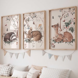 Wall picture set of 3 posters P805 / Sleeping forest animals fox deer badger rabbit / Children's room decoration wall pictures woodland