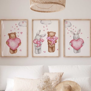 Bear & Rabbit with Heart Wall Picture Set of 3 Premium P709 / Children&#39;s Room Decoration Wall Pictures Poster
