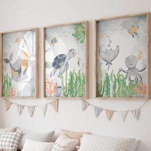 Poster 3er Set Premium P721 / Meerestiere Wal Schildkröte Kraken Oktopus / Kinderzimmer Deko Wandbilder Bilder CANVAS Kunstdruck Wandkunst