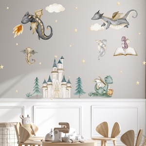 Adesivo da parete drago per la decorazione della cameretta dei bambini V371 adesivo da parete adesivo famiglia drago con castello