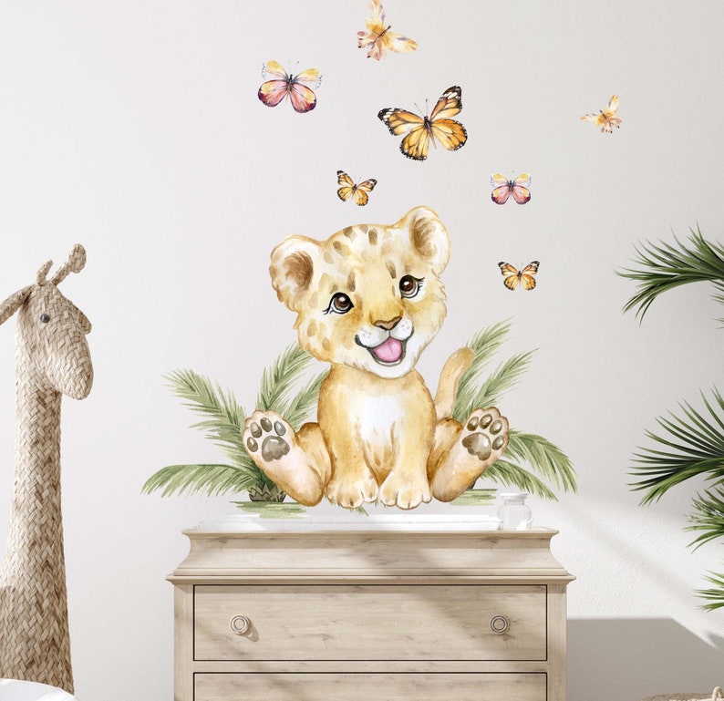 Löwe & Schmetterlinge V357 Wandtattoo Kinderzimmer Wandaufkleber Sticker Aufkleber mit Sterne Löwen Safari Löwenwelpe Baby zdjęcie 1