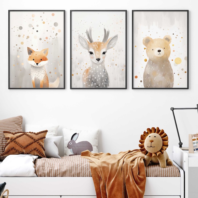 Wandbild 3er Poster Set P797 / Waldtiere Abenteuer Bär Fuchs Reh Polka Dots / Kinderzimmer Deko Wandbilder Bilder Bild 4