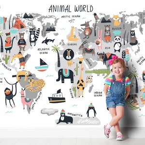 WELTKARTE mit Tiere Tapete Wandaufkleber Aufkleber Sticker Kindertapete Kinderzimmer Deko Babyzimmer Karte Welt Erde Landkarte TP124
