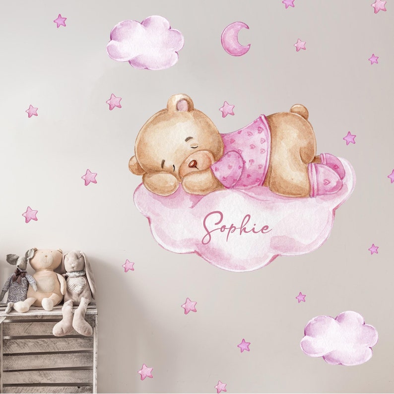 Orso rosa sulla nuvola V362 con nome desiderato Decalcomania murale Adesivo adesivo per camera dei bambini Adesivo Teddy Bear Nome personalizzabile immagine 1