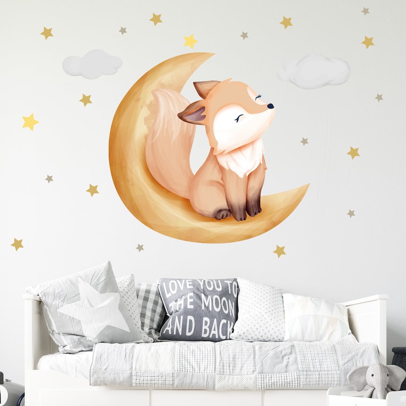 Fox on the Moon V254 Décalcomanie murale Chambre des enfants Autocollants muraux Autocollants avec étoiles et nuages Yeux endormis Cloud Chambre bébé image 1