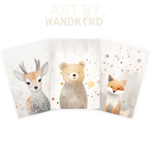 Wandbild 3er Poster Set P797 / Waldtiere Abenteuer Bär Fuchs Reh Polka Dots / Kinderzimmer Deko Wandbilder Bilder Bild 3