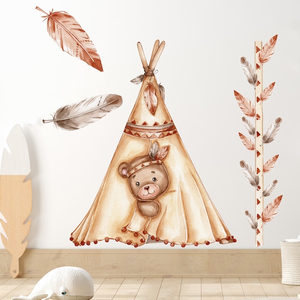 Bär im Tipi Zelt V328 Boho Wandtattoo Kinderzimmer Deko Wandaufkleber Sticker Aufkleber mit Teddy Teddybär Teepee mit Federn Indianerzelt