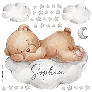 Bear on the Cloud with Desired Name V305 Wall Decal Children's Room Wall Sticker Sticker Sticker with Stars Teddy Bear Crescent Name image 3