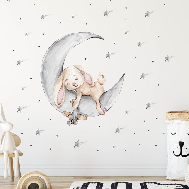 Lapin sur la Lune V303 Wall Decal Chambre denfants Sticker mural Autocollant autocollant avec étoiles Teddy Bunny Crescent Chambre de bébé image 1