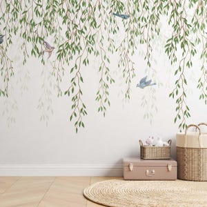 Pflanzen und Vögel Tapete für das Kinderzimmer Fototapete Wandaufkleber Kindertapete Natur Blätter  Babyzimmer TP247