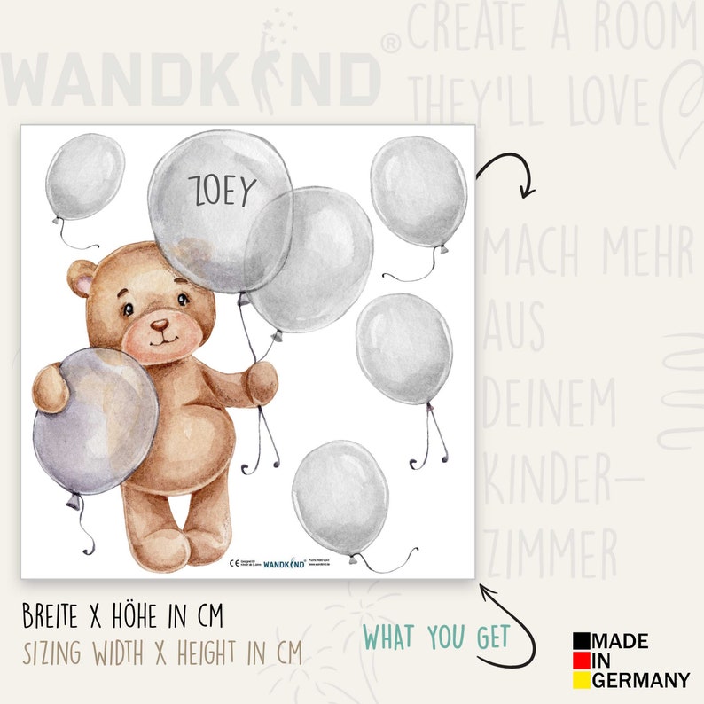 Orso con palloncini e nome desiderato V367 Stanza dei bambini Adesivo adesivo Adesivo Adesivi Regali personalizzati con nome Grigio