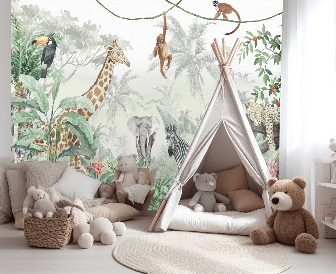 Adesivo da parete in vinile con nome personalizzato, animali della giungla, decorazione per cameretta dei bambini, con diverse opzioni per la personalizzazione, larghezza 106,7 x 104,1 cm (mostrato