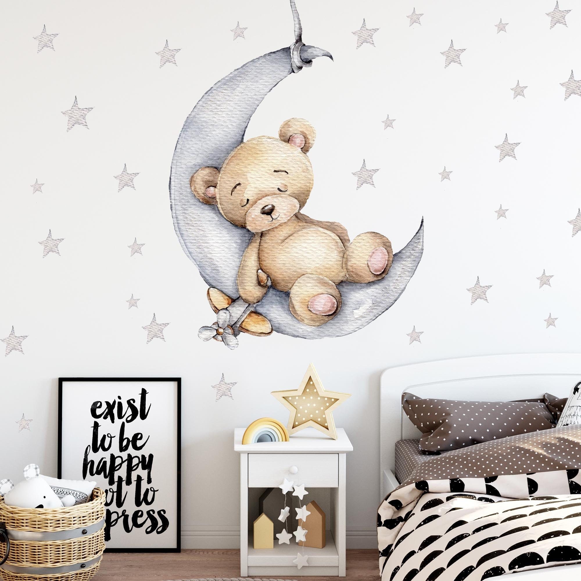 Bär auf dem Mond V265 Wandtattoo Kinderzimmer Wandaufkleber Sticker  Aufkleber mit Sternen Teddy Teddybär Halbmond