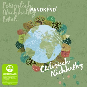 May include: A green background with a globe surrounded by stylized trees. The text "Personlich Nachhaltig Lokal" is at the top left. The text "WANDKIND" is at the top right. The text "Okologisch Nachhaltig" is at the bottom right. A green and white UL GREENGUARD certification label is at the bottom left.