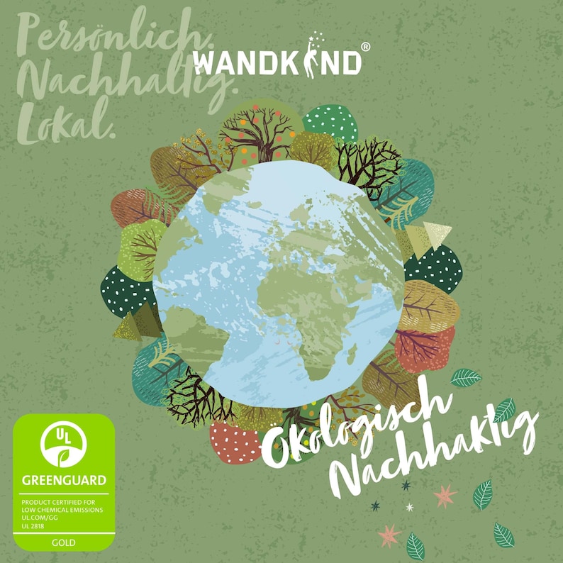 May include: A green background with a globe surrounded by stylized trees. The text "Personlich Nachhaltig Lokal" is at the top left. The text "WANDKIND" is at the top right. The text "Okologisch Nachhaltig" is at the bottom right. A green and white UL GREENGUARD certification label is at the bottom left.