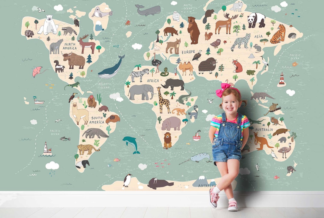 WORLD MAP Animals Wallpaper Wall Sticker Stickers Nursery Mural Kids ...