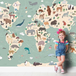 WELTKARTE mit Tiere Tapete Wandaufkleber Aufkleber Sticker Kindertapete Kinderzimmer Deko Babyzimmer Karte Welt Erde Landkarte TP127