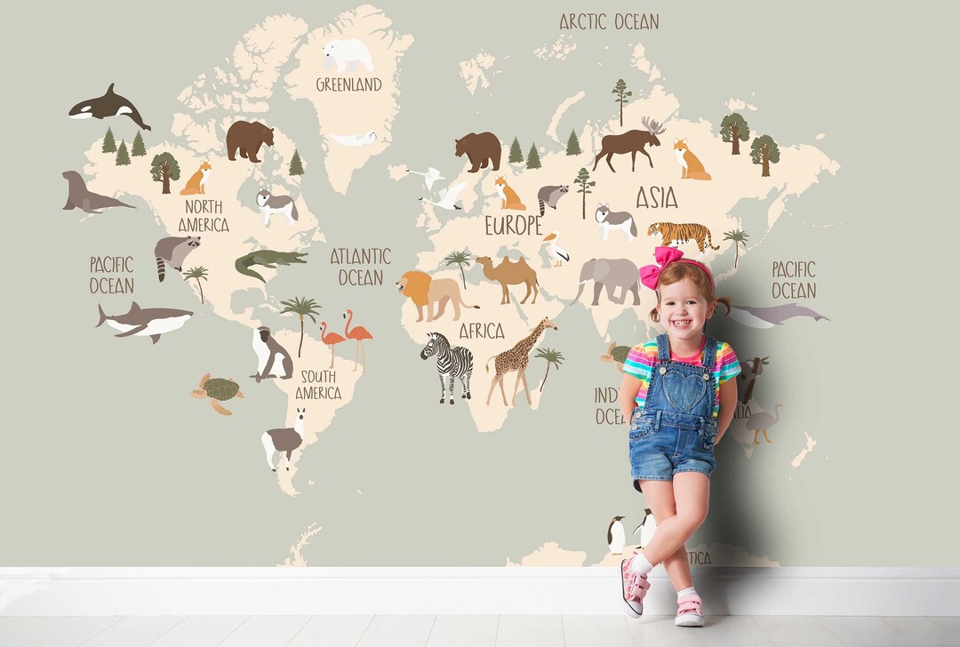 WORLD MAP Animals Wallpaper Wall Sticker Stickers Nursery Etsy Canada