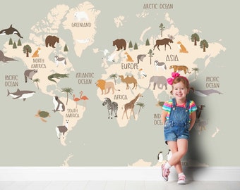 WORLD MAP Animals Wallpaper Wall Sticker Stickers Nursery Mural Kids Room Decor Decoration Baby Earth Map TP125