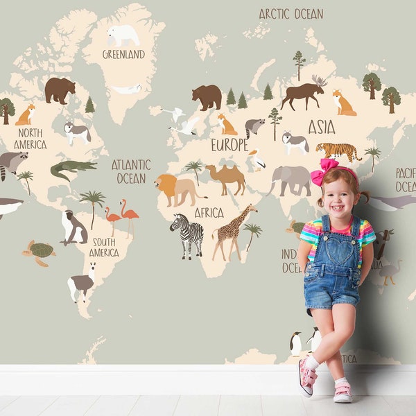 CARTE DU MONDE avec animaux papier peint autocollant mural autocollant papier peint enfant décoration chambre d'enfant carte chambre de bébé carte du monde carte de la terre TP125