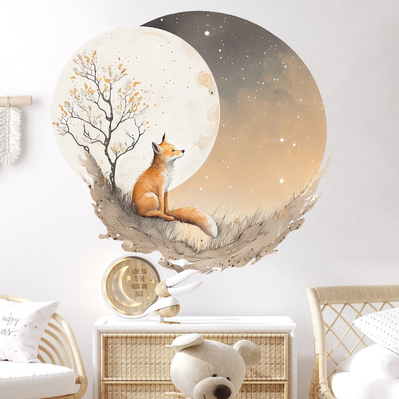 Autocollant mural renard chambre d'enfant autocollant mural lune ronde V411 image 1