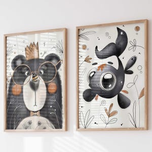 Póster infantil, 2 unidades, imagen de pared P2011, oso, pez, decoración de habitación infantil, imágenes de pared