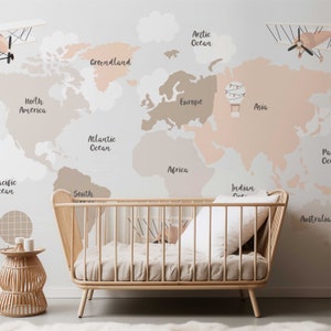 Weltkarte Tapete in Beige für das Kinderzimmer Fototapete Wandaufkleber Kindertapete Erde Landkarte TP196
