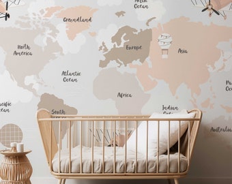Fototapeta z mapą świata w kolorze beżowym do pokoju dziecięcego fototapeta naklejka ścienna dla dzieci mapa ziemi TP196